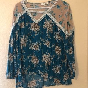 Floral blue and pink long sleeve blouse with lace